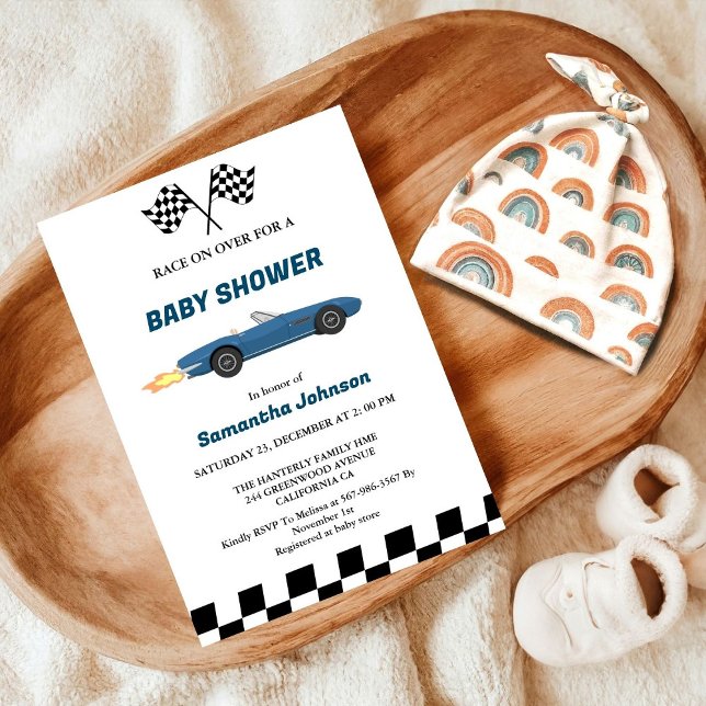 Blue Race Car Boy Baby Shower Invitation (Creator Uploaded)