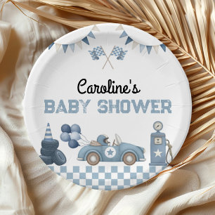 Blue Race Car Boy Baby Shower Paper Plate