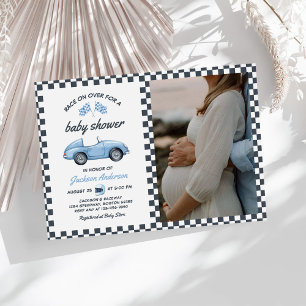 Blue Race Car Boy Baby Shower Photo Invitation