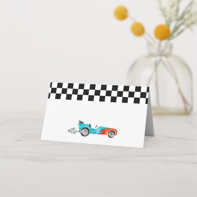 Blue Race Car Boy Birthday Party Place Card (Front)