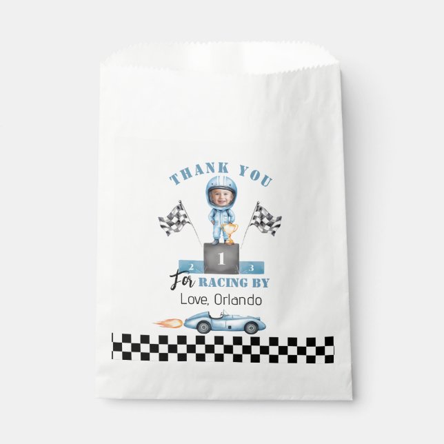 Blue race car Boy Racer Photo Birthday thank you Favour Bag (Front)