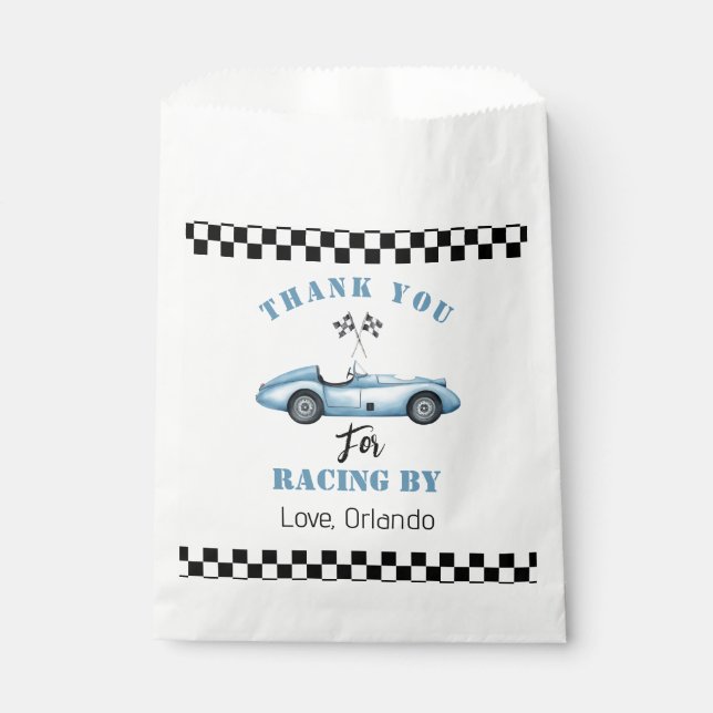 Blue race car Boy racing birthday thank you Favour Bag (Front)