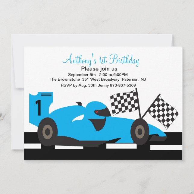 Blue Race Car  Boys First Birthday Invitation (Front)