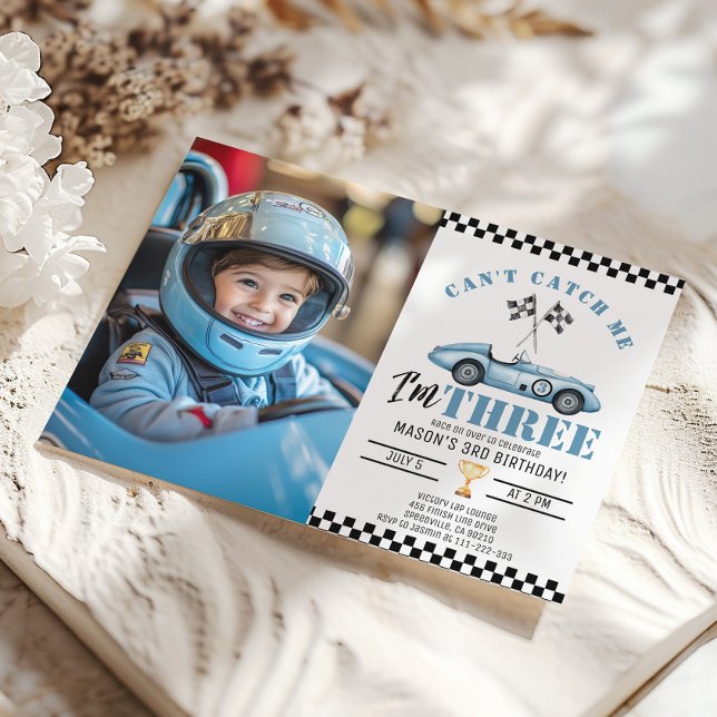Blue Race car Cant catch me Boy Photo 3rd Birthday Invitation (Creator Uploaded)
