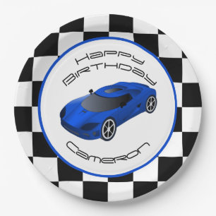 Blue Race Car Custom Birthday Party Paper Plate