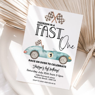 Blue Race car FAST ONE 1st birthday Invitation