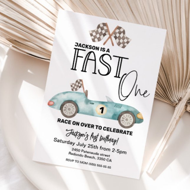 Blue Race car FAST ONE 1st birthday Invitation (FAst one birthday invitation, 1st birthday)