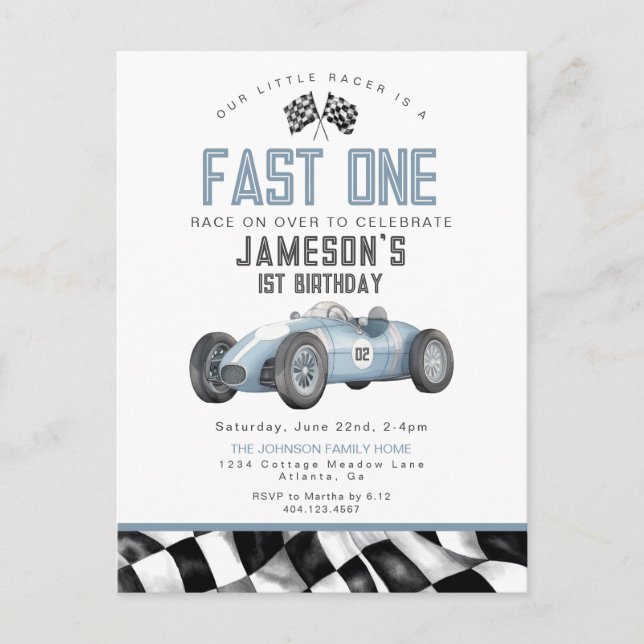 Blue Race Car Fast One 1st Birthday Party Invite Postcard (Front)