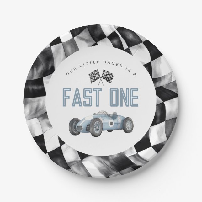 Blue Race Car Fast One 1st birthday party Paper Plate (Front)