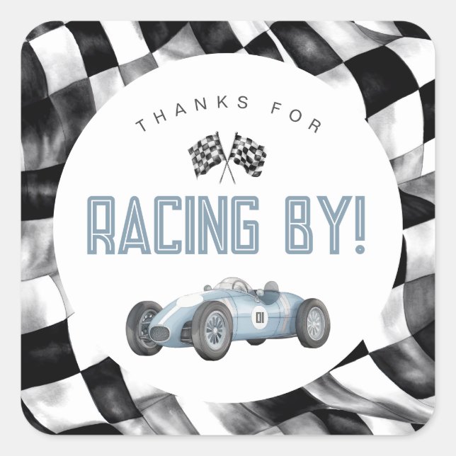 Blue Race Car Fast One 1st birthday party Square Sticker (Front)
