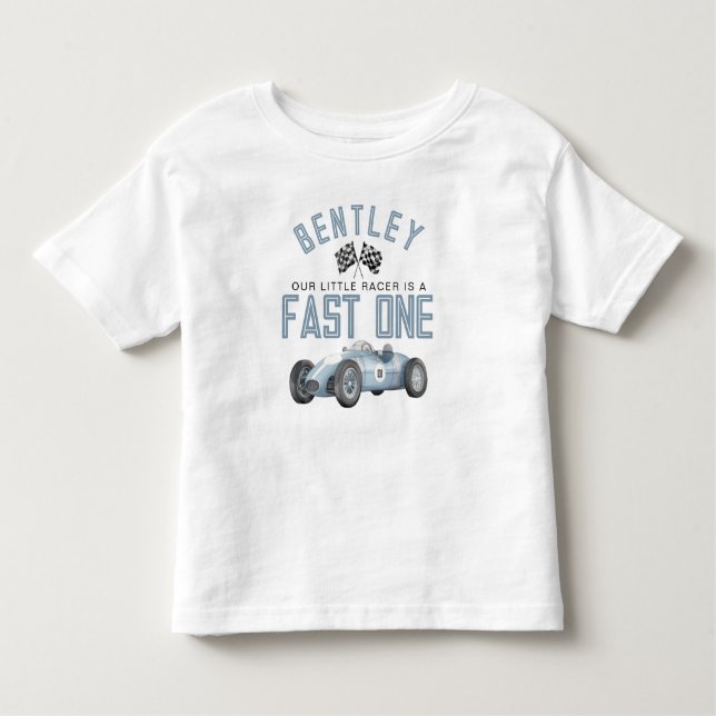 Blue Race Car Fast One Birthday Boy Shirt (Front)