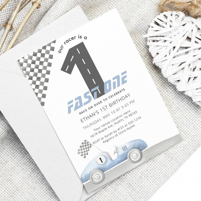 Blue Race Car Fast ONE Boy Birthday Invitation (Creator Uploaded)