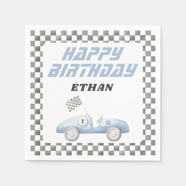 Blue Race Car Fast ONE Boy Birthday Napkin (Front)