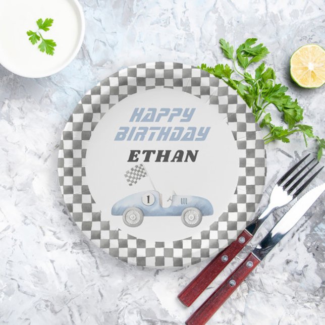 Blue Race Car Fast ONE Boy Birthday Paper Plate (Creator Uploaded)