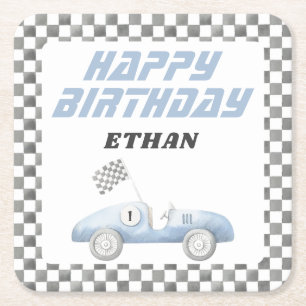 Blue Race Car Fast ONE Boy Birthday Square Paper Coaster