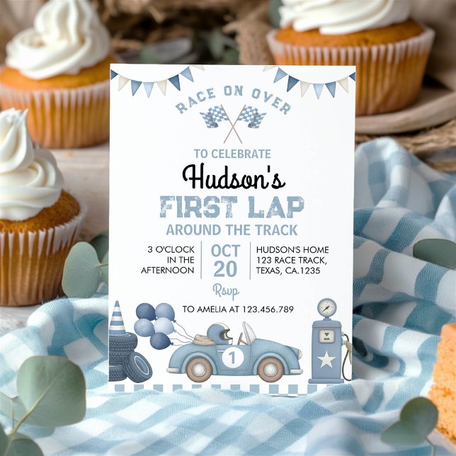 Blue Race Car First Lap Around The Track Birthday Invitation (Creator Uploaded)