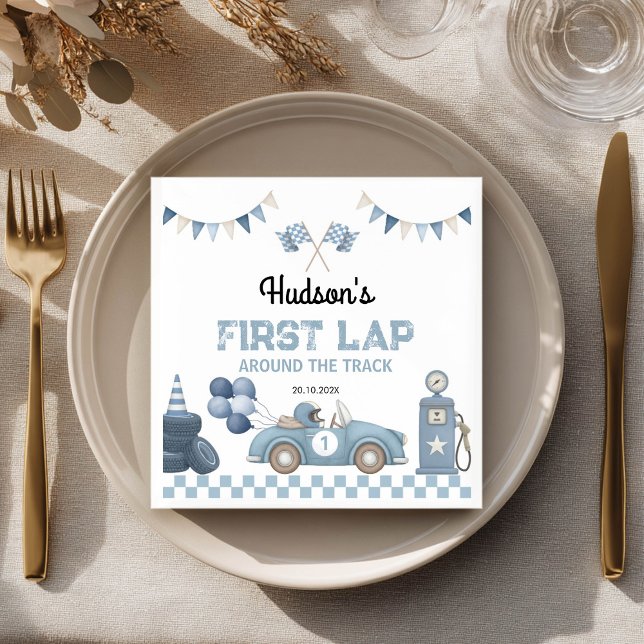 Blue Race Car First Lap Around the Track Birthday Napkin (Creator Uploaded)