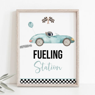 Blue Race Car Fuelling Station Birthday Sign
