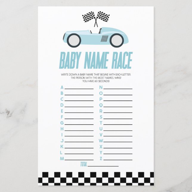 Blue Race Car Name Race Baby Shower Game (Front)