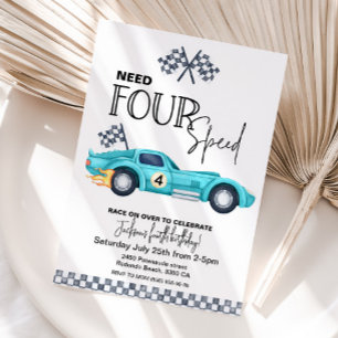 Blue Race Car, Need FOUR speed 4th Birthday  Invitation