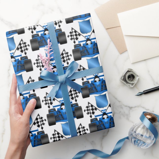 Blue race car pattern party wrap wrapping paper (Gifting)