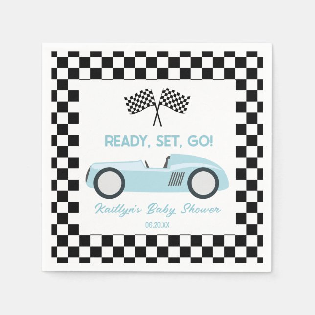 Blue Race Car Ready Set Go Baby Shower Napkin (Front)
