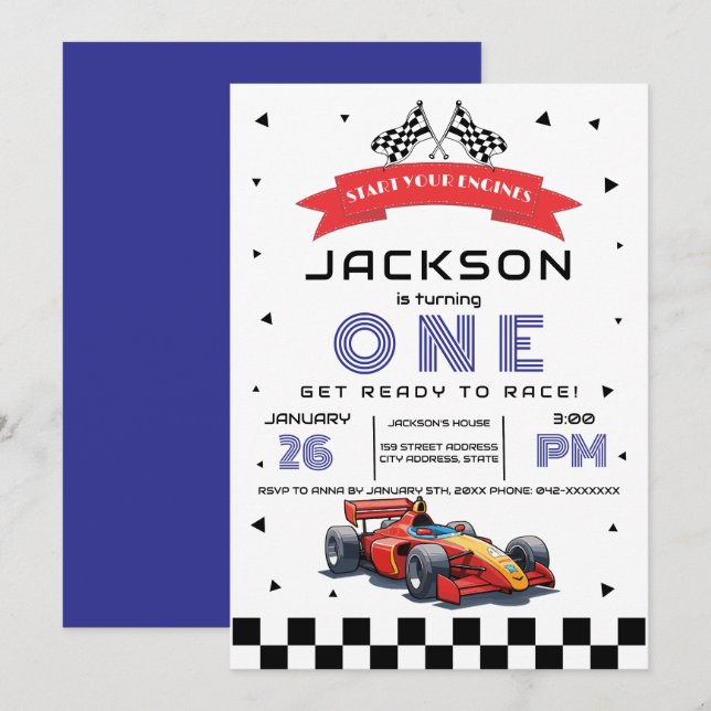 Blue Race Car-Themed Any Age Birthday Party Invitation (Front/Back)