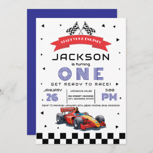 Blue Race Car-Themed Any Age Birthday Party Invitation
