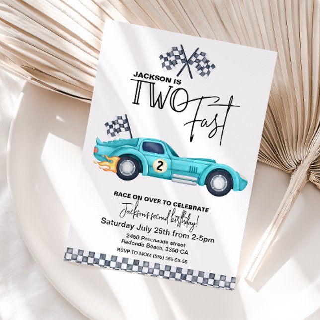 Blue Race car TWO FAST 2nd Birthday party Invitation (Two Fast birthday invitation blue vintage race car)