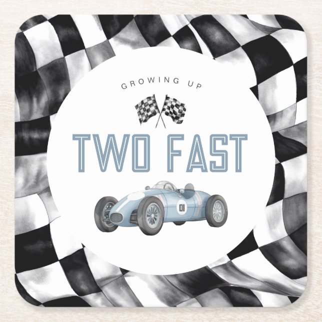 Blue Race Car TWO Fast 2nd birthday party Square Paper Coaster (Front)
