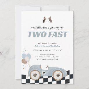 Blue Race Car Two Fast Second Birthday Invite 