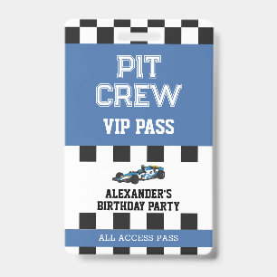 Blue Race Car Vip Pass Pit Crew Birthday Party ID Badge