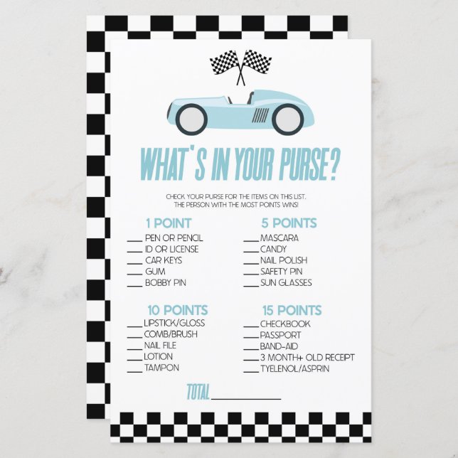 Blue Race Car What's In Purse Baby Shower Game (Front/Back)