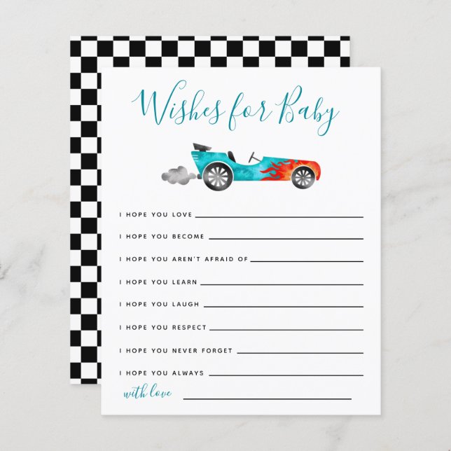 Blue Race Car Wishes for Baby Card (Front/Back)