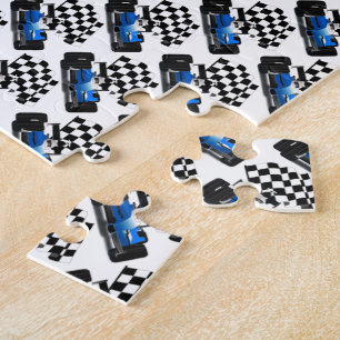 Blue Race Car with Checkered Flag Jigsaw Puzzle