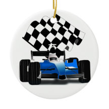 Blue Race Car with Checkered Flag