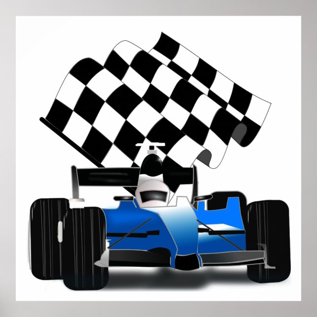 Blue Race Car with Checkered Flag Poster (Front)