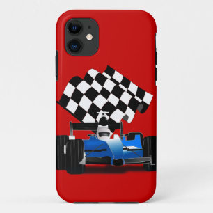 Blue Race Car with Chequered Flag iPhone 11 Case