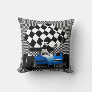 Blue Race Car with Chequered Flag Cushion