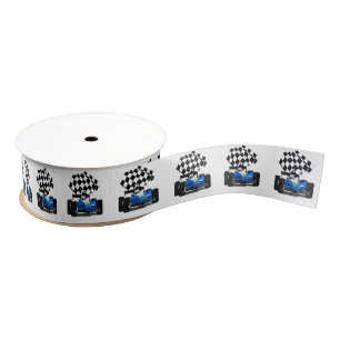 Blue Race Car with Chequered Flag Grosgrain Ribbon