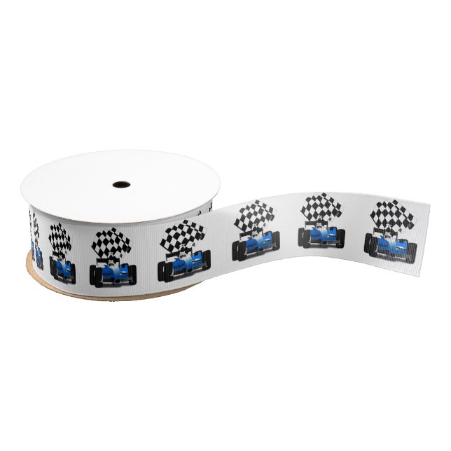 Blue Race Car with Chequered Flag Grosgrain Ribbon (Spool)