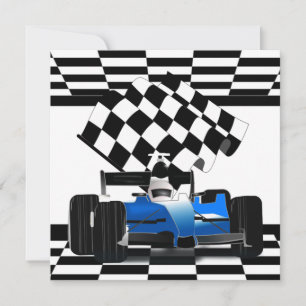 Blue Race Car with Chequered Flag Invitation