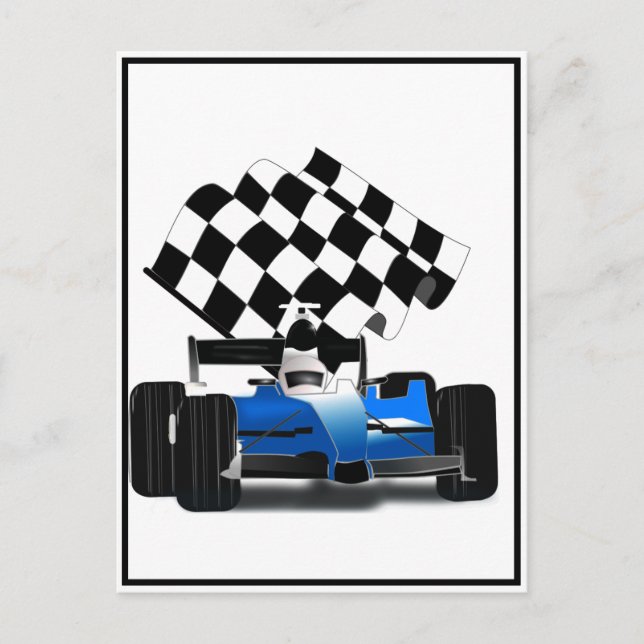 Blue Race Car with Chequered Flag Postcard (Front)