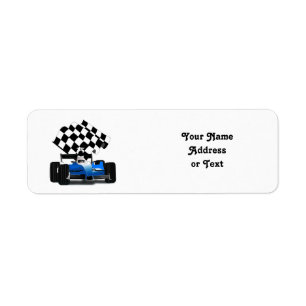 Blue Race Car with Chequered Flag Return Address Label