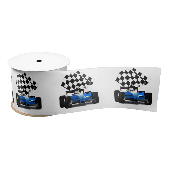 Blue Race Car with Chequered Flag Satin Ribbon (Spool)