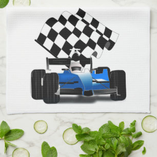 Blue Race Car with Chequered Flag Tea Towel