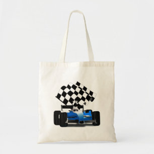 Blue Race Car with Chequered Flag Tote Bag