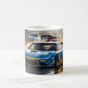 Blue Race car with the Sun Rising Coffee Mug
