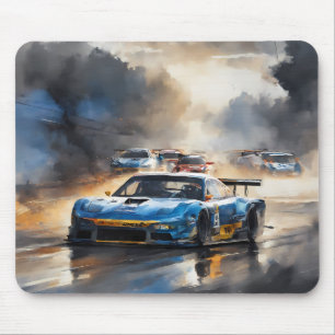 Blue Race car with the Sun Rising  Mouse Pad