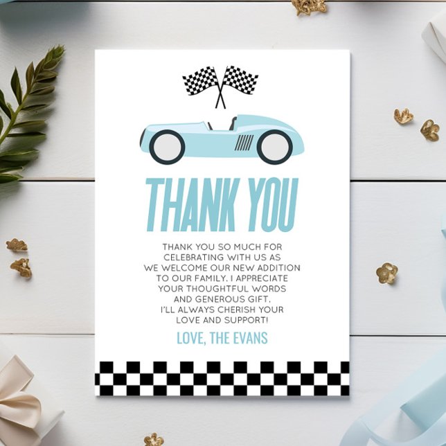 Blue Racecar Race Car Baby Shower Thank You Card (Creator Uploaded)